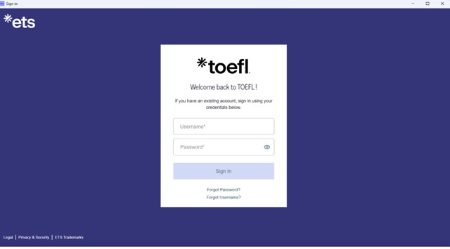 Página de Início de Sessão do TOEFL