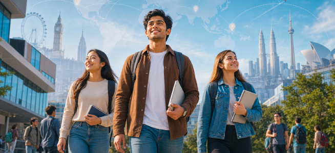 Estudantes a pé para a universidade