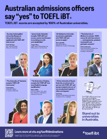 Uma miniatura de um folheto que destaca vários responsáveis de admissões australianos a discutir a aceitação do teste TOEFL iBT