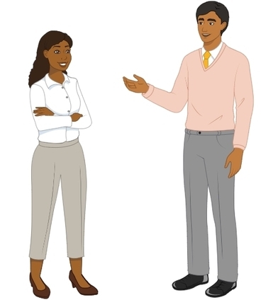 picture of a woman and a man talking  